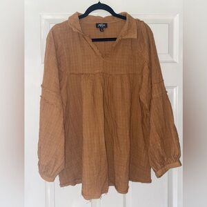 GiGio Gauze Cotton Boho Peasant Blouse Brown Cottagecore Top Small